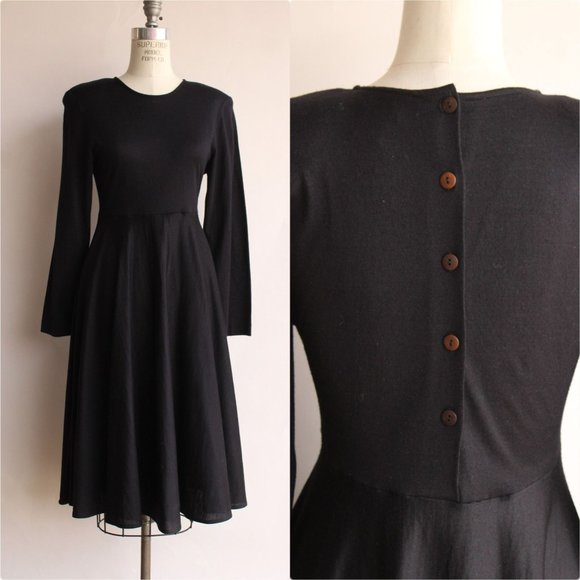 Vintage 1980s Dress, Axiom Black Wool Blend Fit and Flare with Buttons in Back, - Picture 1 of 9